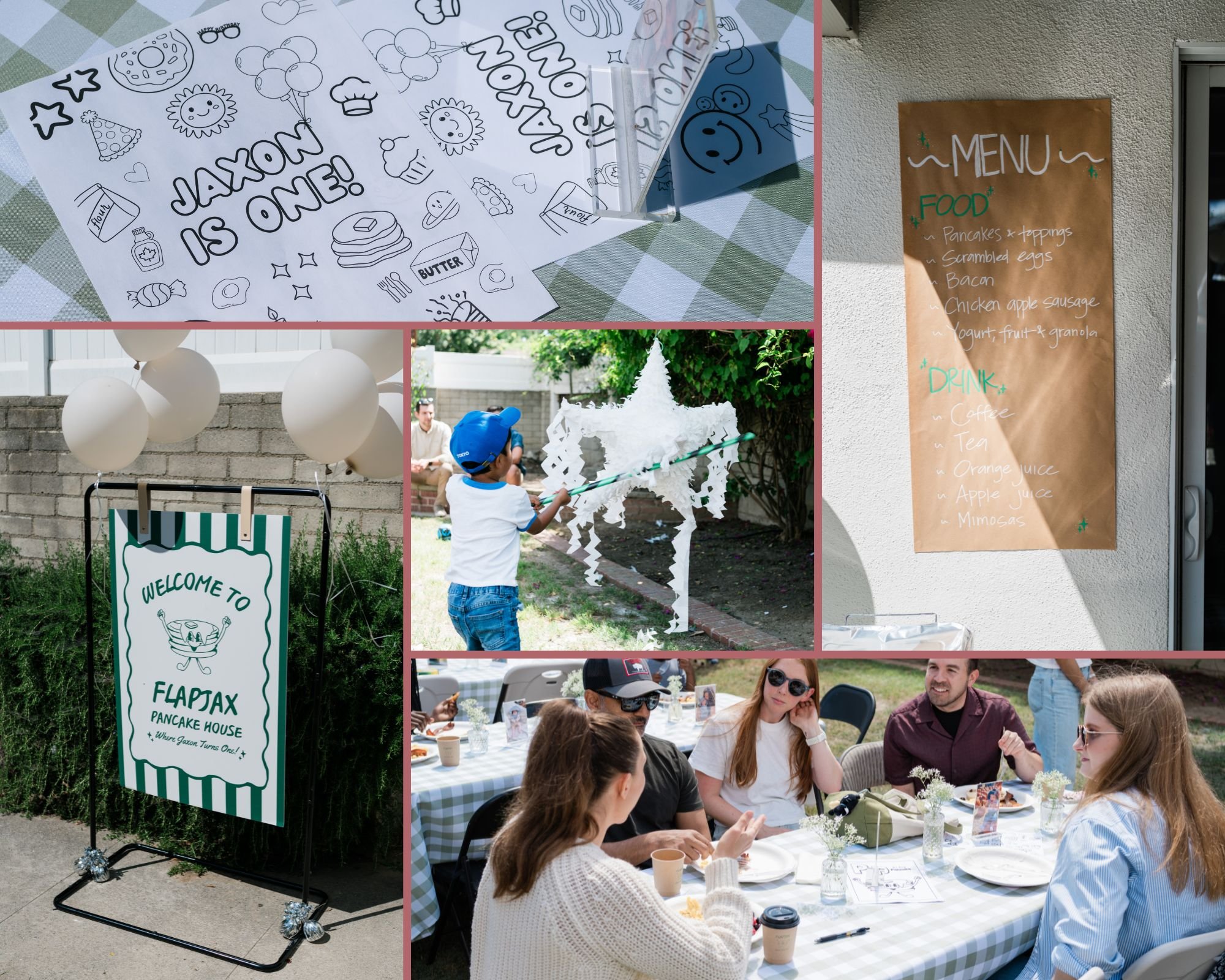 Collage of pancake-themed first birthday party details including a custom welcome sign, breakfast menu, coloring pages, piñata, and guests enjoying brunch at outdoor tables.