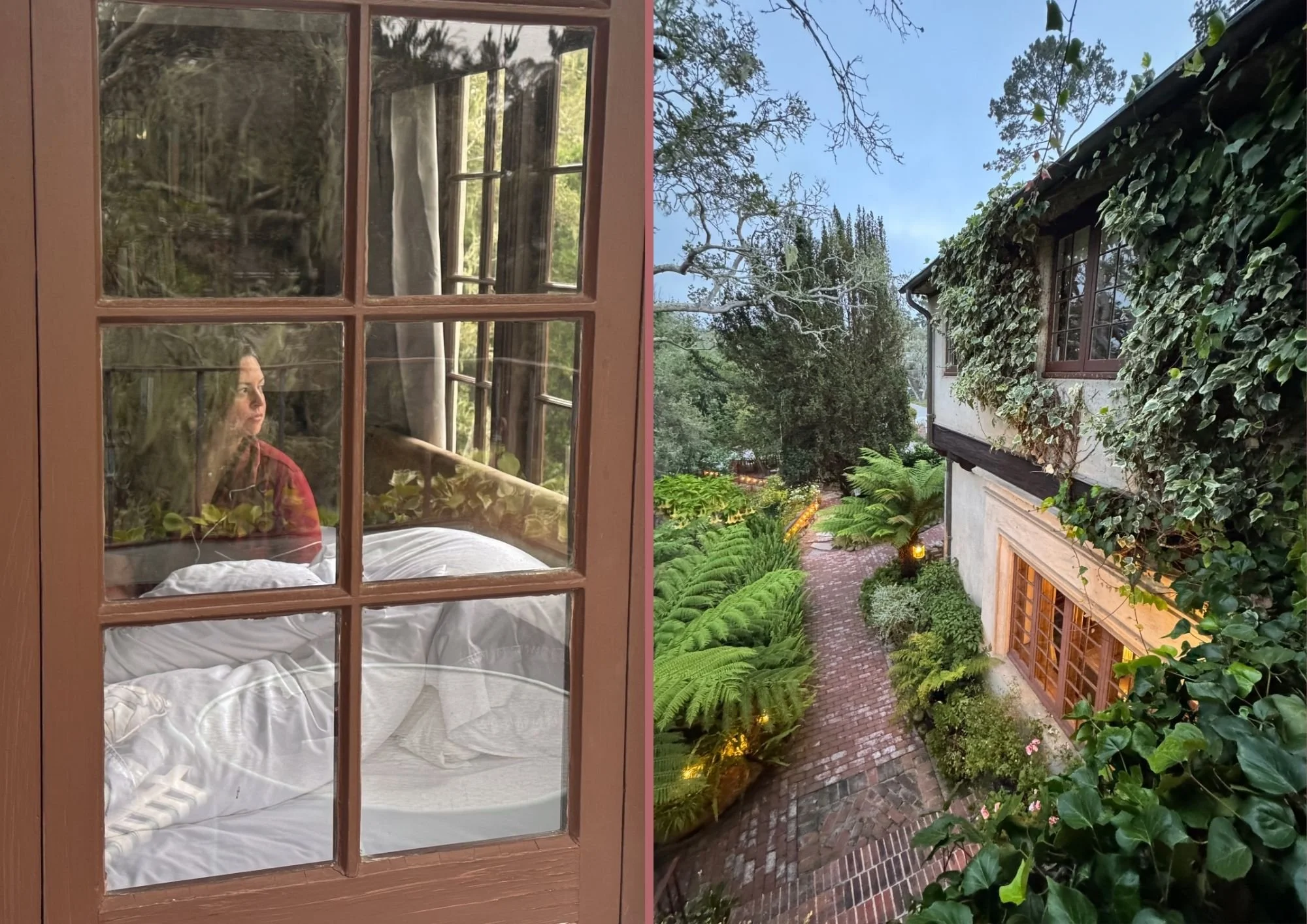 Collage of a guest looking out a window from a cozy hotel room and an ivy-covered boutique hotel courtyard with brick pathways and lush gardens in Carmel, California.