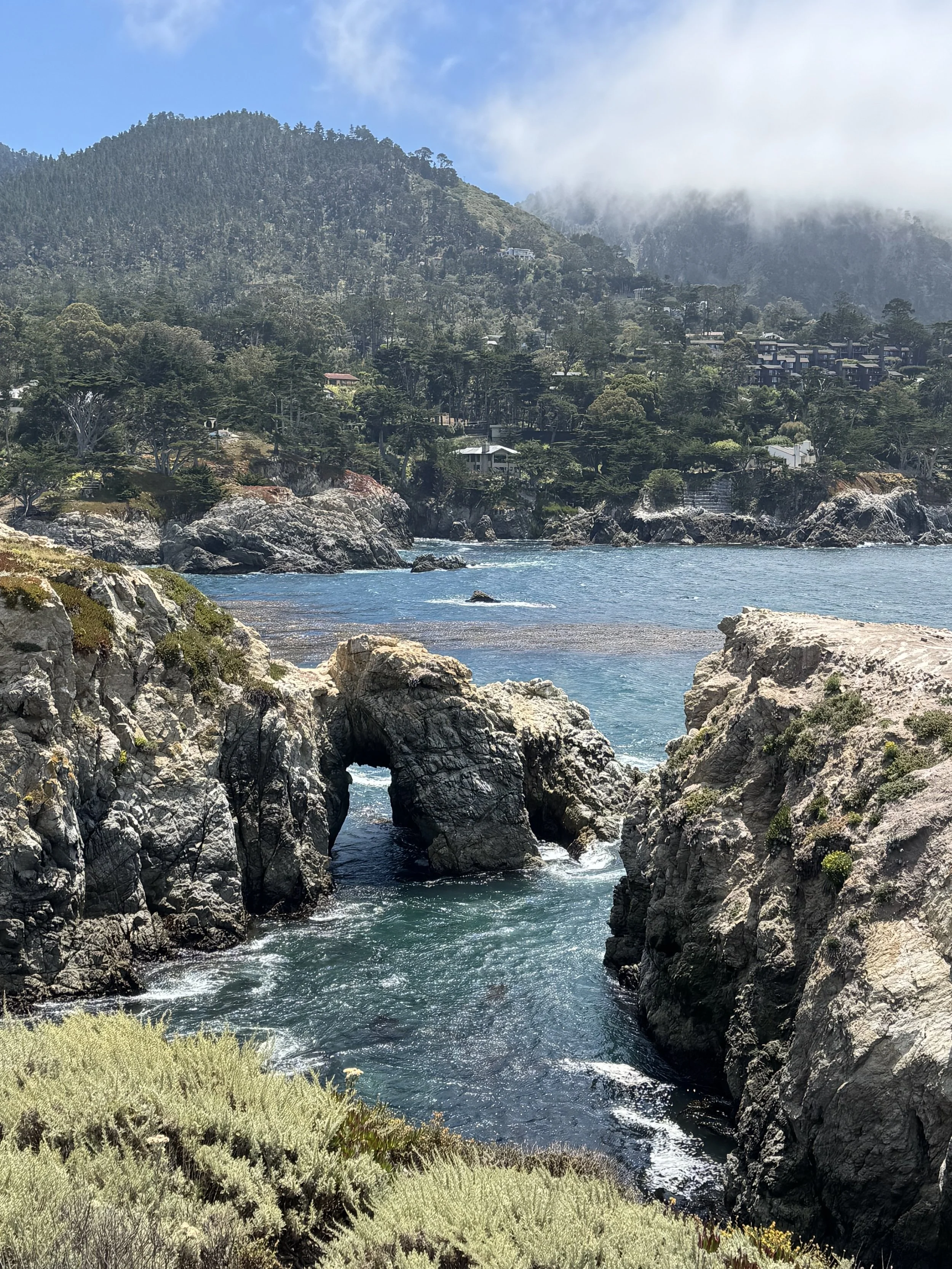 Rock arch along the rugged coastline in Carmel, California, with turquoise Pacific Ocean water, cypress-covered cliffs, and coastal fog rolling over the hills.