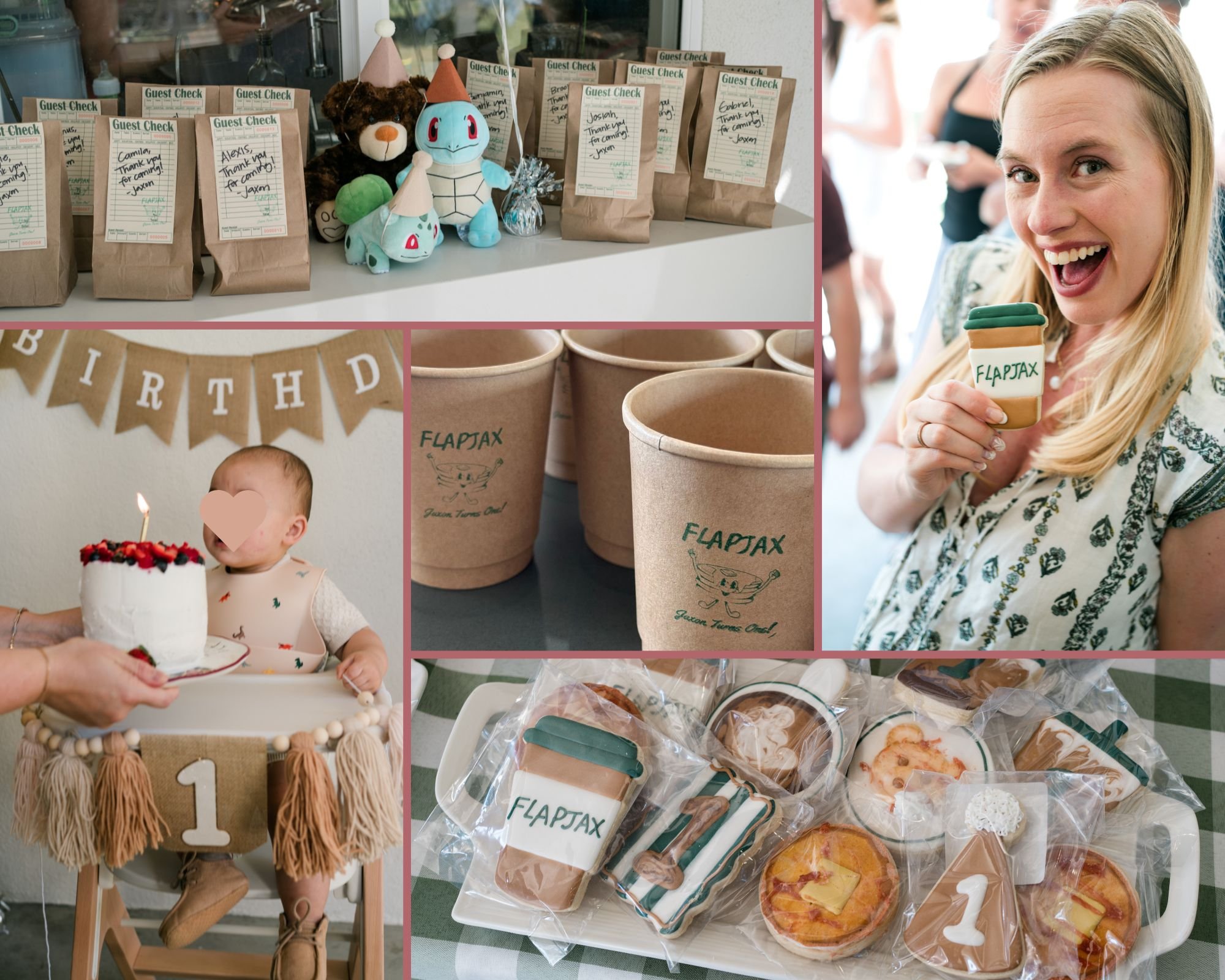 Collage of pancake-themed first birthday party details featuring custom party favors, decorated cookies, kraft cups, a smash cake, personalized gift bags, and FlapJAX-themed decorations.