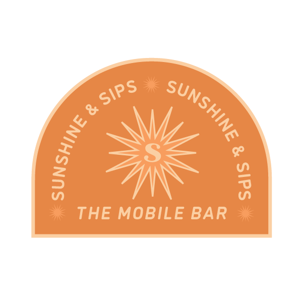 Badge with orange background, white sunburst in the center with an S, text around it reads "Sunshine & Sips", and below that "The Mobile Bar".