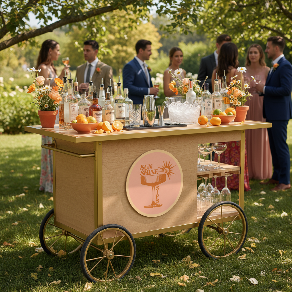 A wooden outdoor bar cart with a Sun Shine Sips logo, decorated with flower arrangements, citrus fruits, bottles of alcohol, and glassware, set on a grassy lawn with seven people socializing in the background under trees.
