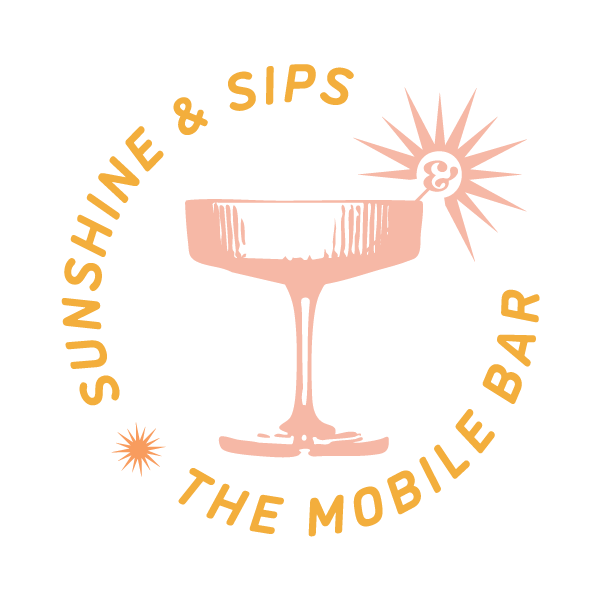 Logo featuring a pink cocktail glass with the text "Sunshine & Sips" and "The Mobile Bar" in orange, including sunburst graphics.