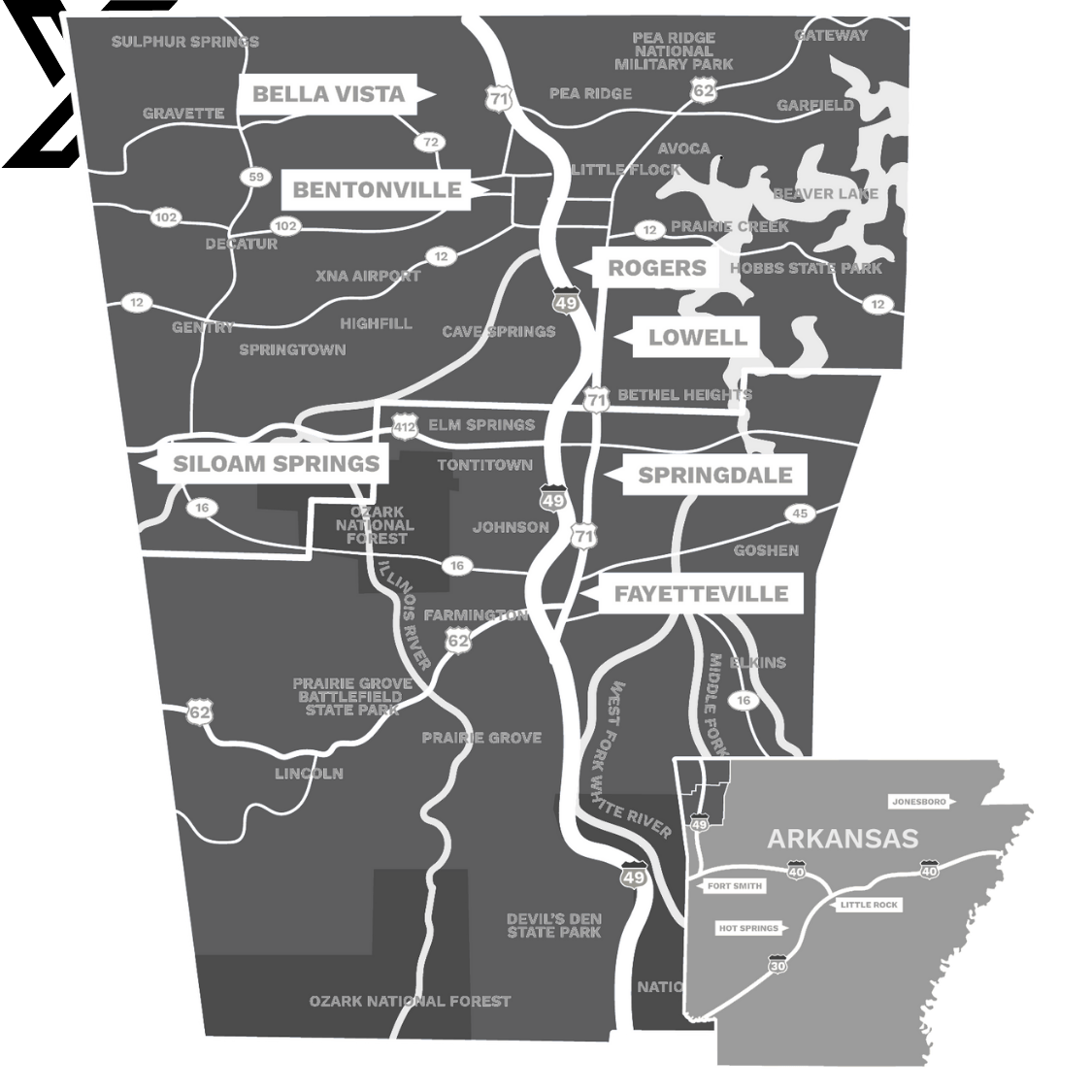 Map of Northwest Arkansas highlighting mobile detailing services in Bentonville, Rogers, Springdale, Fayetteville, Centerton, Bella Vista, Cave Springs, and Lowell.