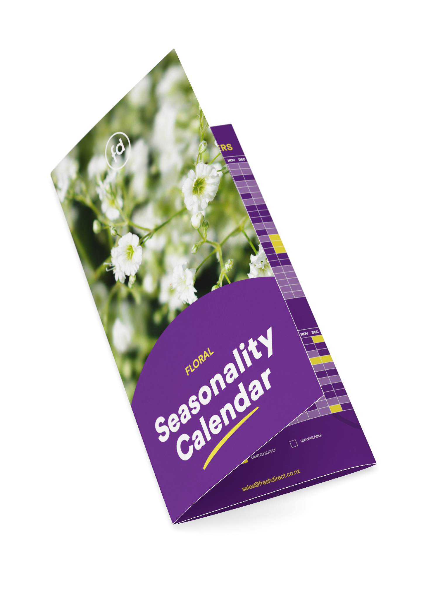 Purple seasonal floral calendar with a cover photo of white flowers and text indicating it is a floral seasonality calendar.