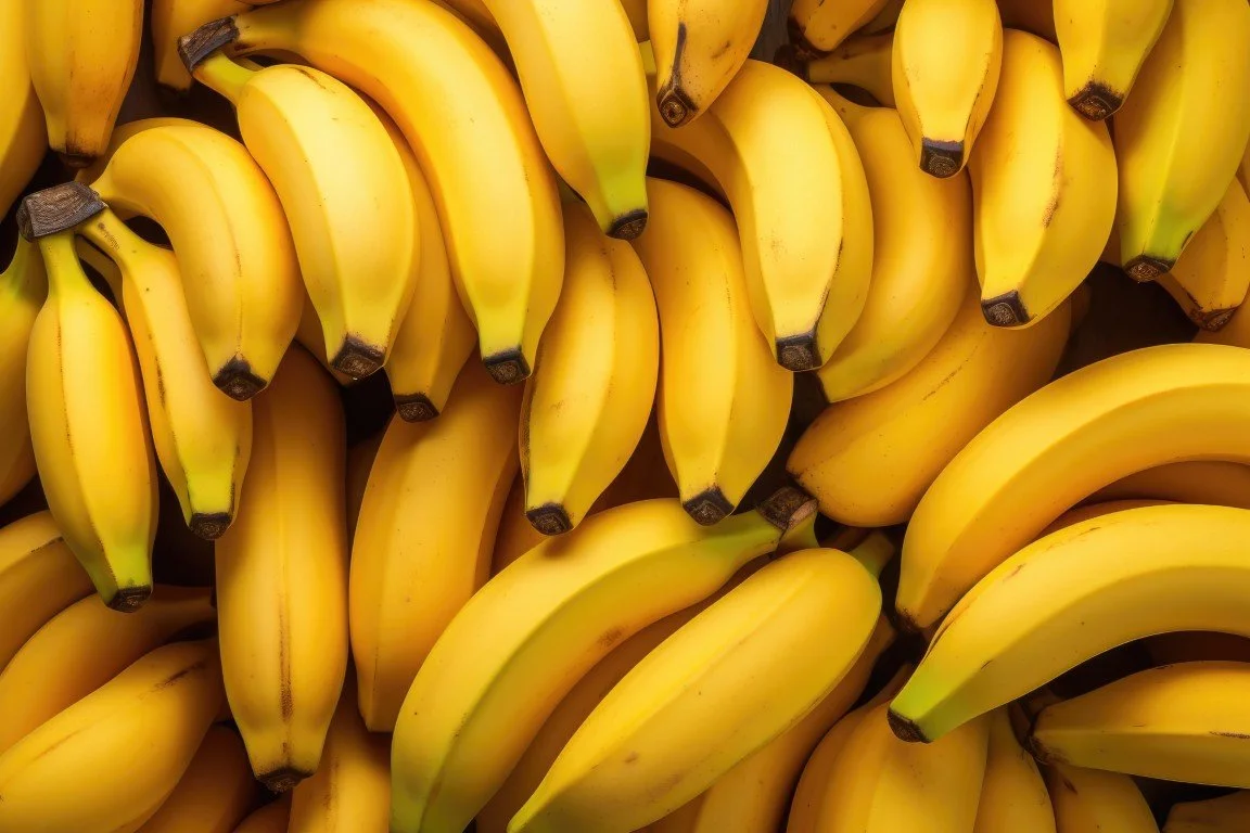 Bunches of ripe yellow bananas piled together in a supermarket display.