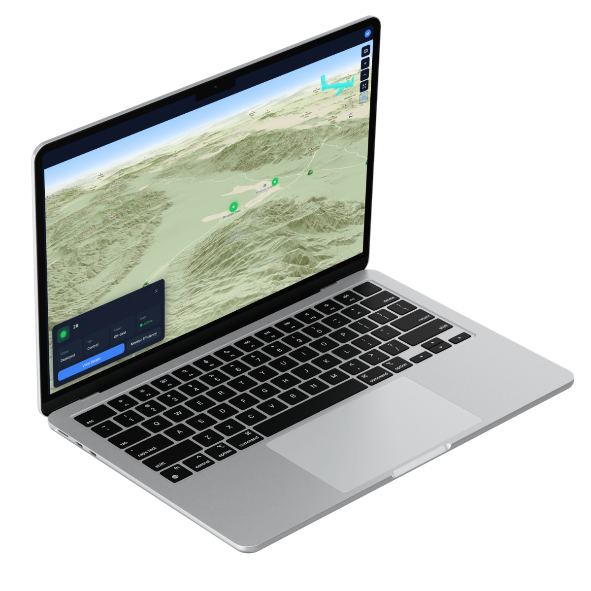 An open laptop with an image of the WellSmart wellfield mapping tool including well identification and geographic location on a 3D map demonstrating how the platform empowers users to access and monitor groundwater wells from a remote location.