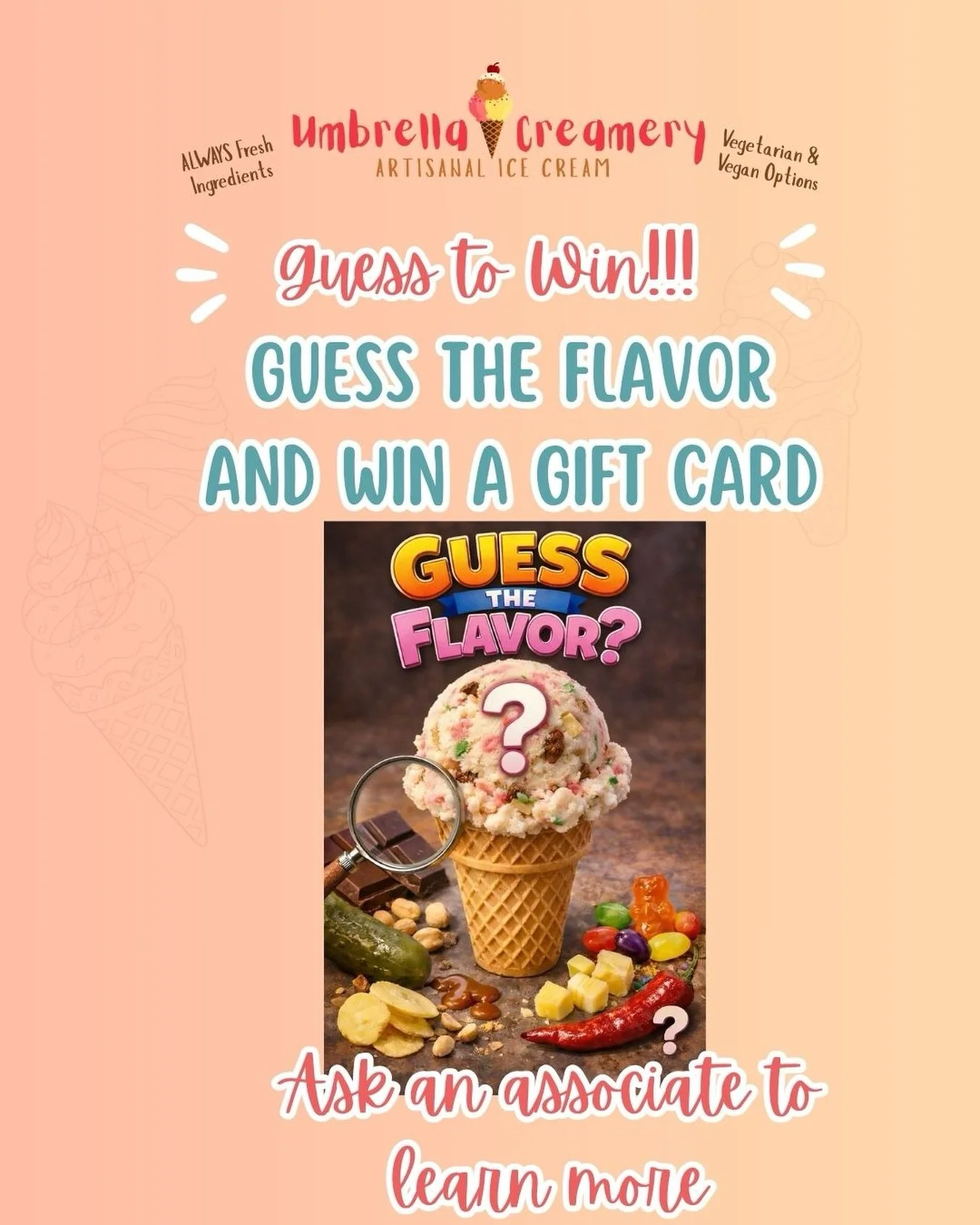 Flavor detectives wanted 🕵️&zwj;♀️ Guess correctly &amp; win a gift card. Ask an associate for more details. #holidaysatumbrellacreamery #mysteryflavor #scooplocal