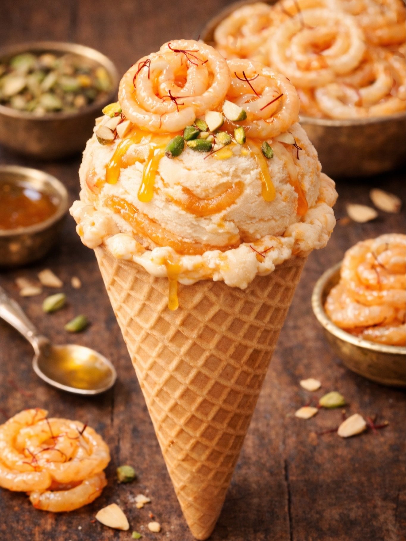 Jalebi Ice Cream: Crispy jalebi meets creamy ice cream 🍦
Finished with saffron and syrup for that perfect sweet crunch + melt.
Trust us&mdash;you&rsquo;ll want seconds

 #JalebiIceCream 
#indiandesserts 
#folsomeats
#scooplocal
