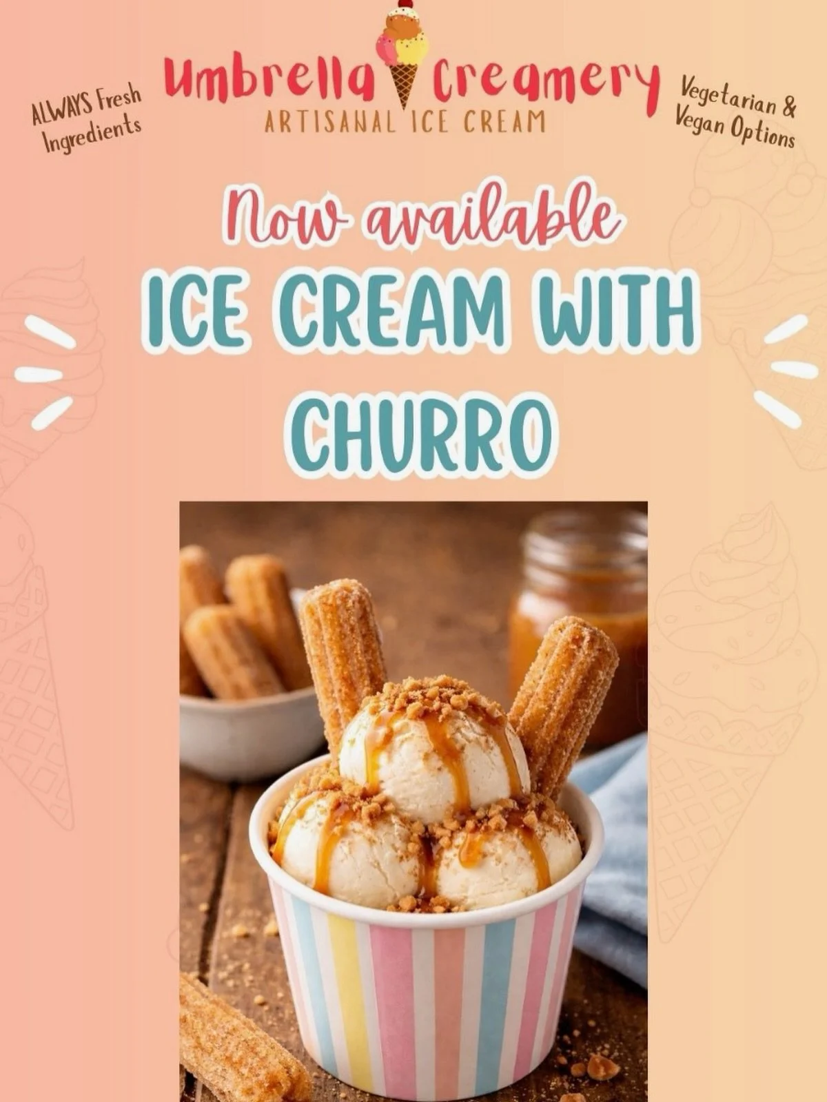 Pair your scoop with churros today 🍨 #churroicecream #warmpairing #umbrellacreamery
