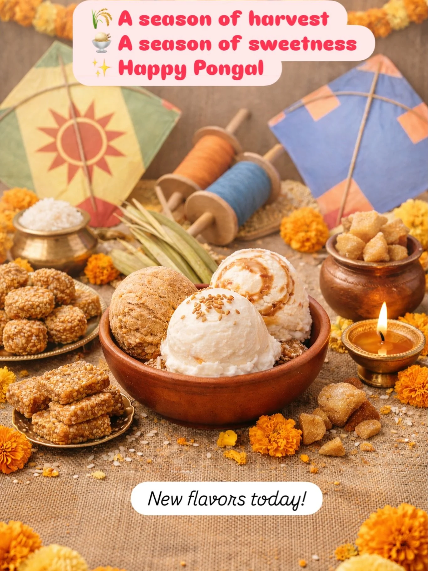 Pongal, Sankranthi, Lohri are several names for the harvest festival celebrated today across many parts of India. Umbrella  Creamery is happy to share a taste of the celebrations with our community. 

New flavors today are:
Kheer(Rice pudding) 
Jamun