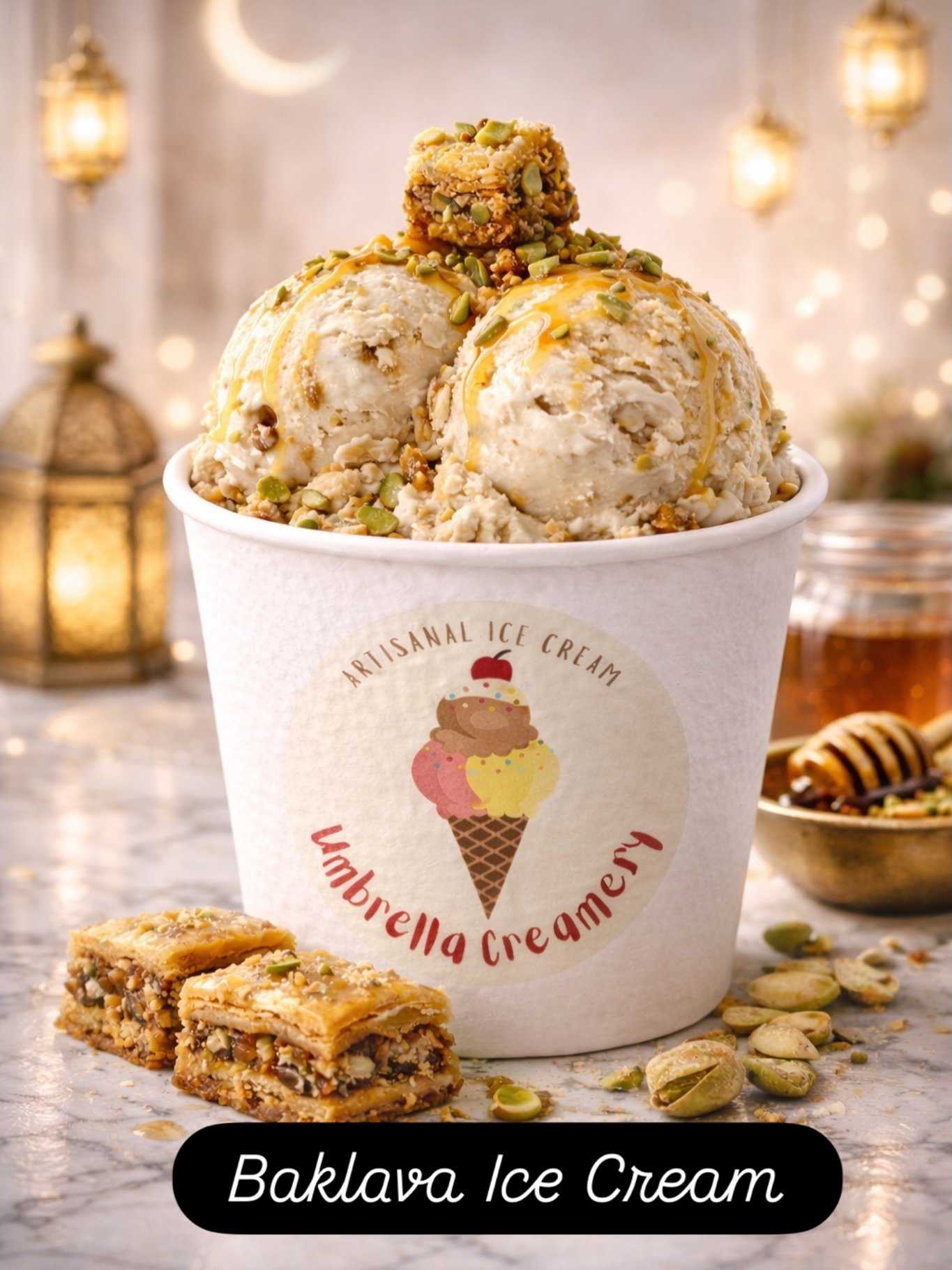 Sweeten your Iftar with something special. 🌙
Our Baklava Ice Cream is layered with crispy, honey-soaked phyllo, pistachios, and tradition &mdash; crafted to celebrate the spirit of Ramadan.
Ramadan Kareem from Umbrella Creamery !!

#baklavaicecream 