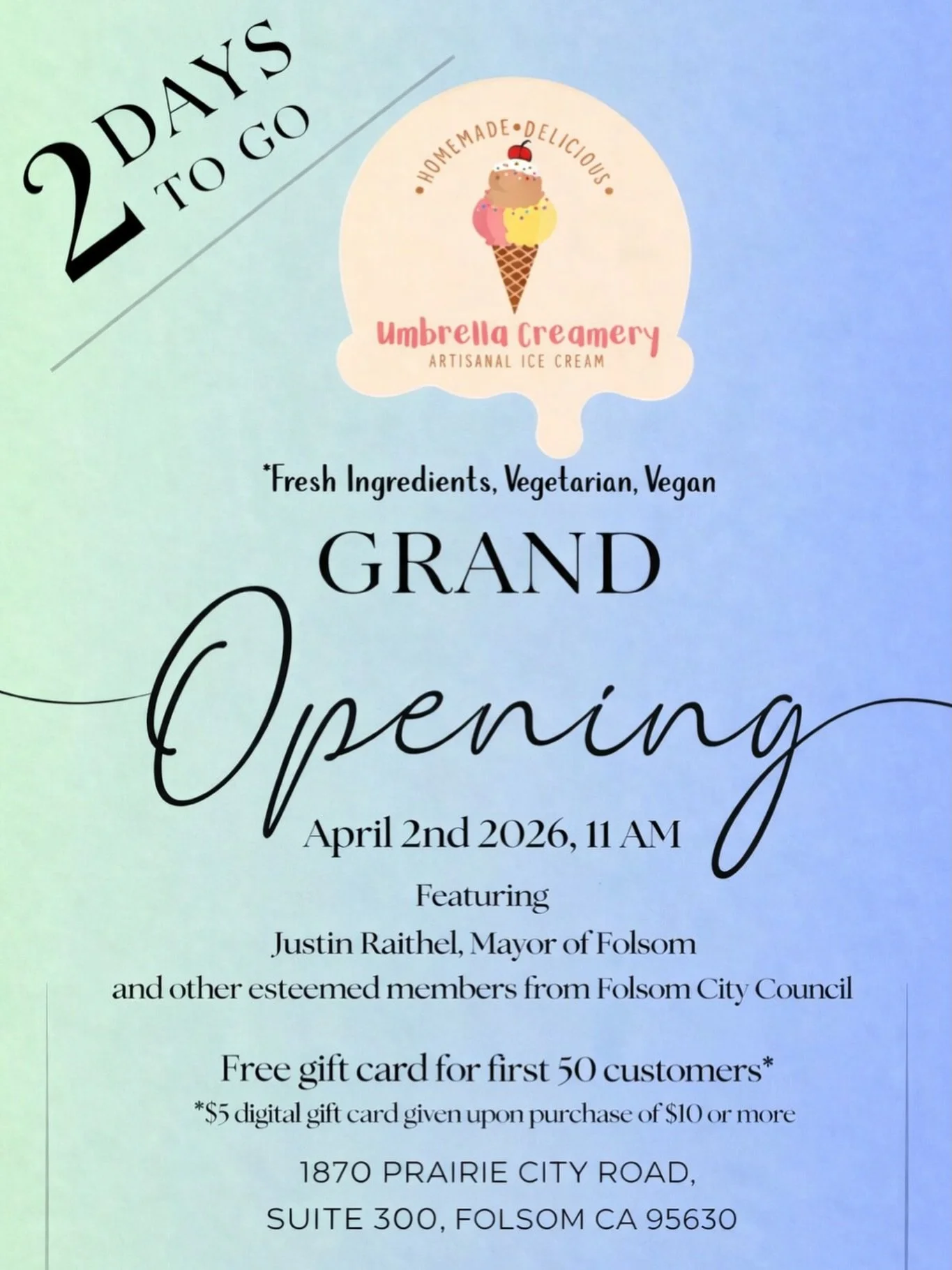 2 Days to go ✨🍦🍧

Handcrafted scoops. Fresh ingredients. A space made for sweet moments.
We can&rsquo;t wait to welcome you.

📍 April 2nd, 11 AM
#UmbrellaCreamery #2DaysToGo #GrandOpening #folsomeats #scooplocal