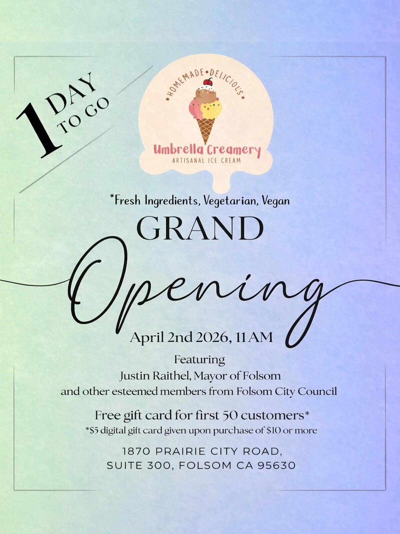 TOMORROW 👀🍨

Join us for our Grand Opening at Umbrella Creamery!
Be one of the first 50 customers and enjoy a special treat 🎁

Tag someone you are bringing with!

See you at 11 AM ✨

#UmbrellaCreamery #GrandOpening #1DayToGo #folsomeats #scooploca