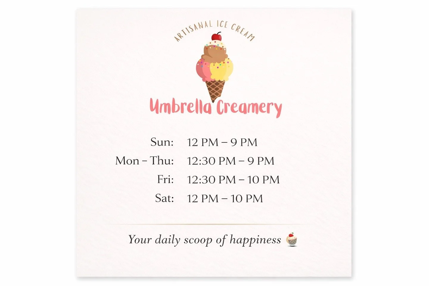 ✨ We&rsquo;ve updated our hours ✨

Good news &mdash; we&rsquo;re now open a little longer to serve you better 🍨
We&rsquo;ve extended our closing time by 30 minutes every day, so you have more time to stop by for your favorite scoops.

Whether it&rsq