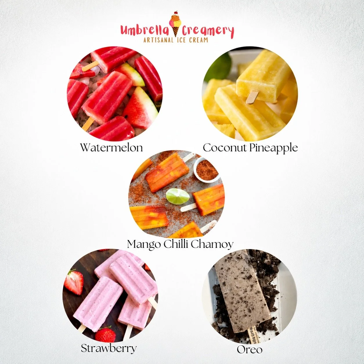 ☀️ Paleta season is back at Umbrella Creamery! 🍉🥭🍓🍍🍪
Fresh, fruity, creamy, and handcrafted &mdash; our favorite frozen treats have officially returned just in time for sunny days. From spicy Mango Chili Chamoy to refreshing Watermelon and cream