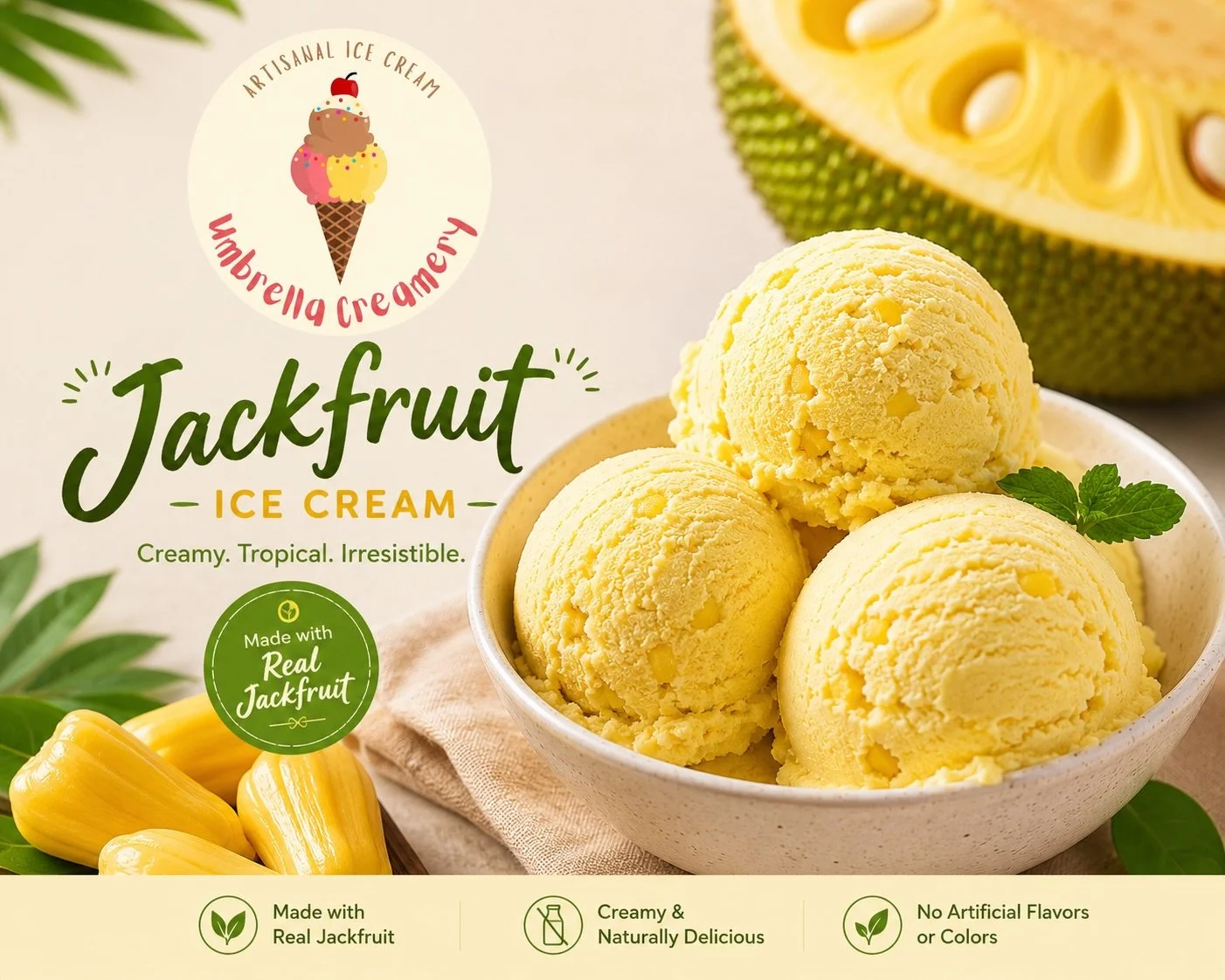 Golden, tropical, and churned fresh in small batches. 🌿🍦
Our Jackfruit Ice Cream brings the rich sweetness of ripe jackfruit into a creamy artisanal scoop made fresh daily at Umbrella Creamery.

One taste and you&rsquo;re instantly transported to s