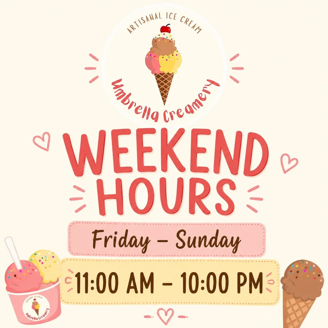 🕒 WEEKEND HOURS 🍦

Join us for your favorite scoops, drinks, and sweet treats all weekend long!

Friday &ndash; Sunday11:00 AM &ndash; 10:00 PM

See you at Umbrella Creamery! ☂️🍨

#UmbrellaCreamery #WeekendHours #IceCreamTime #FolsomEats #SweetTre