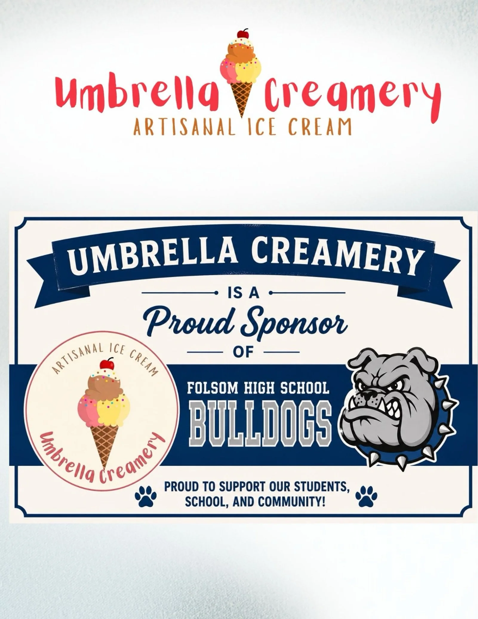 🐾💙 Proud to support the Folsom High School Bulldogs! 💙🐾

At Umbrella Creamery, we believe in giving back to the community that supports us. We&rsquo;re honored to be a proud sponsor of Folsom High School and to cheer on the incredible students, a