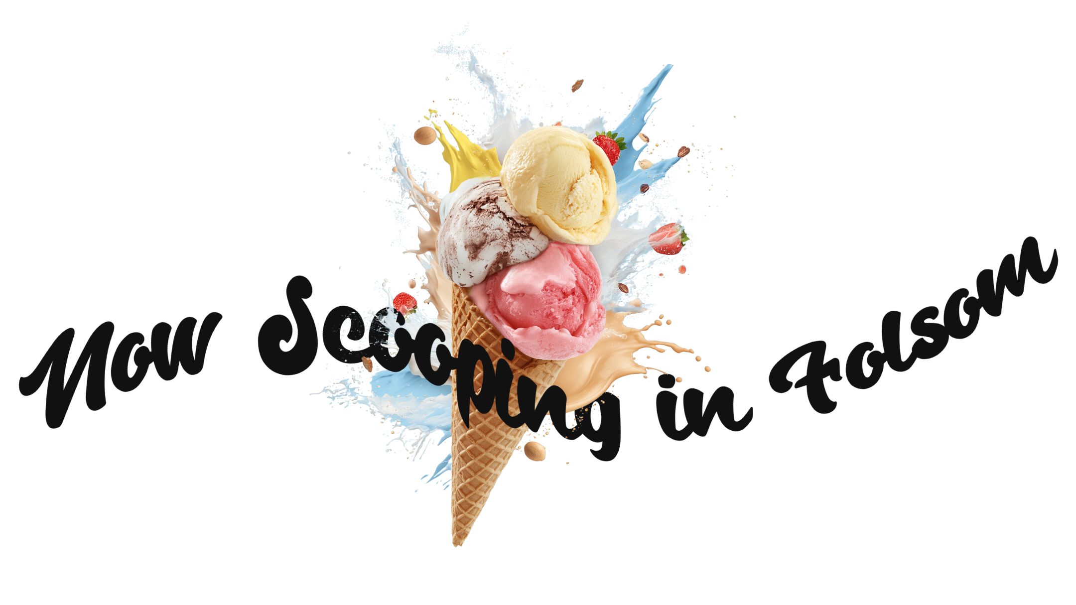 Ice cream cone with three scoops of different flavors, surrounded by splashes of colorful ice cream and text reading 'Now Scooping in Facebook'.