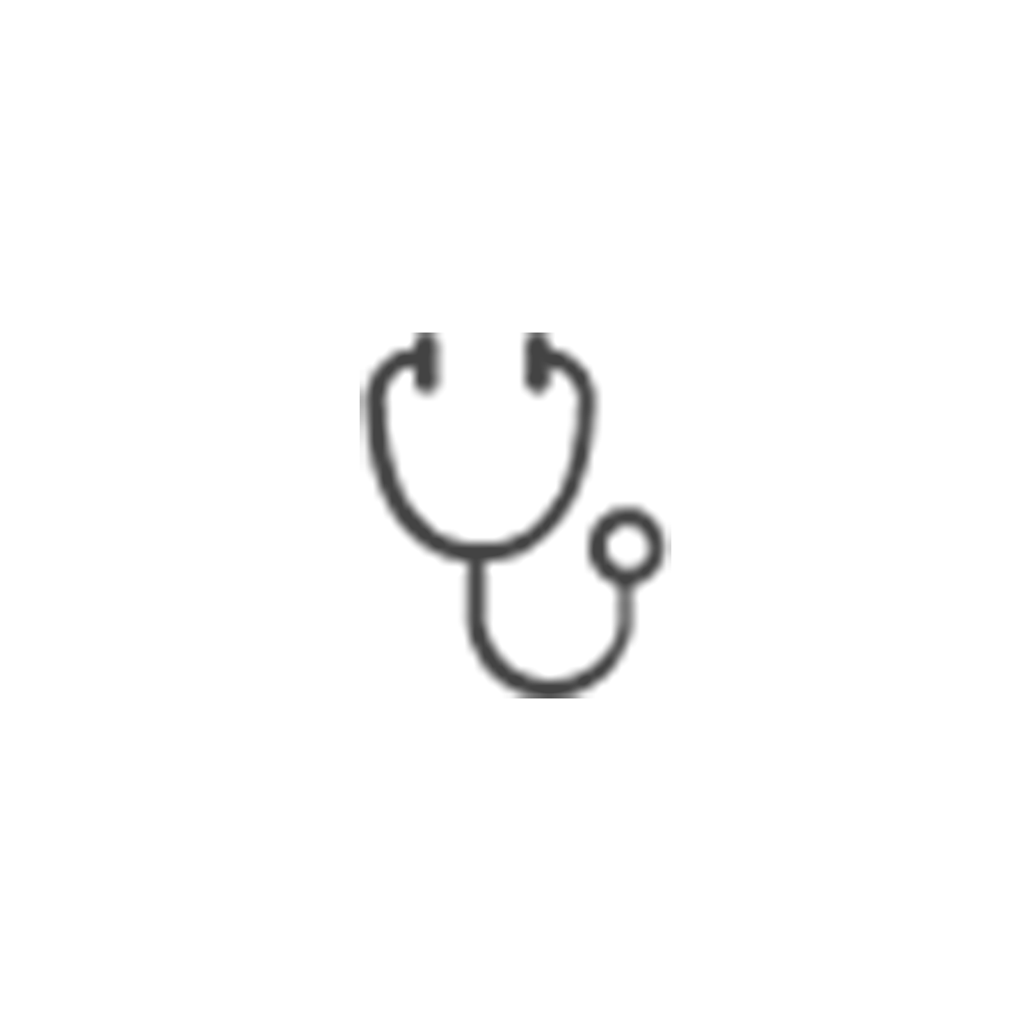 Line drawing of a stethoscope with earpieces at the top and chest piece below.
