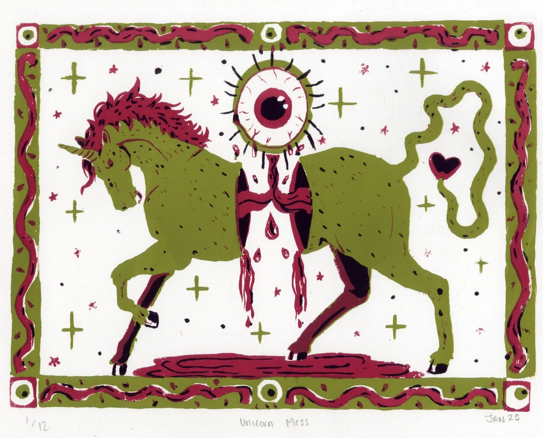 Unicorn Mess!

A screenprint I did last semester. It was my second time printing with a screen, so there are some little mess-ups, but I think it gives her character! 

#screenprint #printmaking #artist #makemcad #illustration #unicornart #horseart