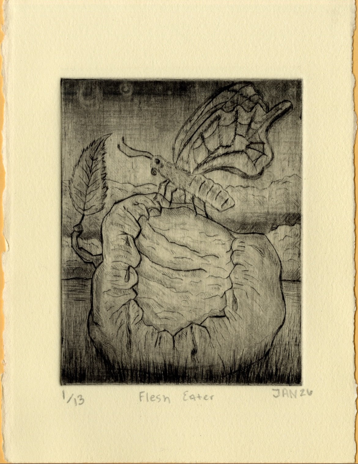 ✨🦋🍎Flesh Eater🍎🦋✨
Drypoint on Copper Plate 

My first intaglio piece ever! This piece would also be a the start of a little series I did about beauty and rot and tying these themes to my transition. In this work specifically I wanted to display t
