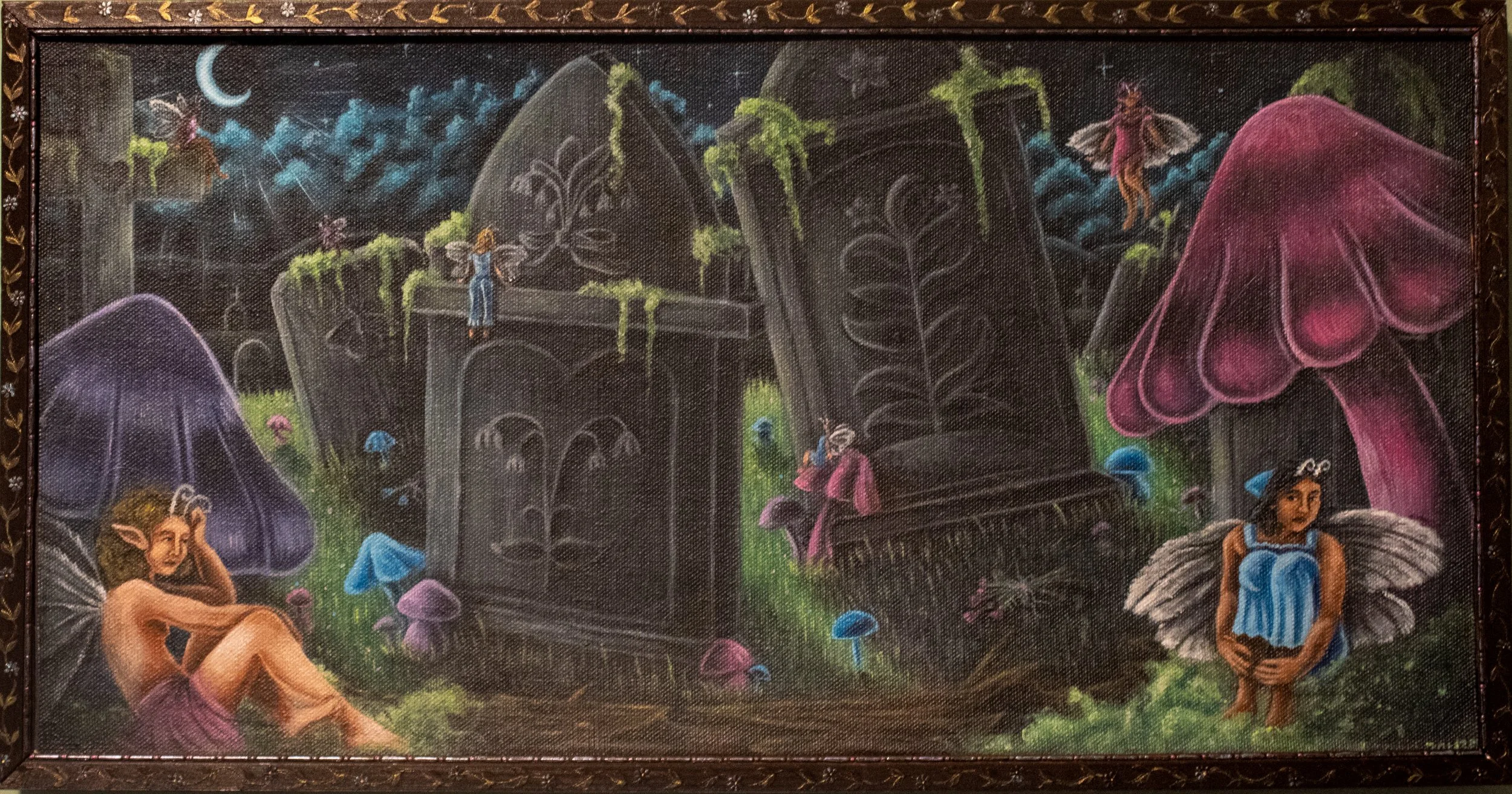 A fantasy-themed painting depicting fairy-like creatures with wings in a whimsical, moonlit forest filled with colorful mushrooms and large stones. Some fairies are sitting, others flying or standing, with intricate details and vibrant colors.