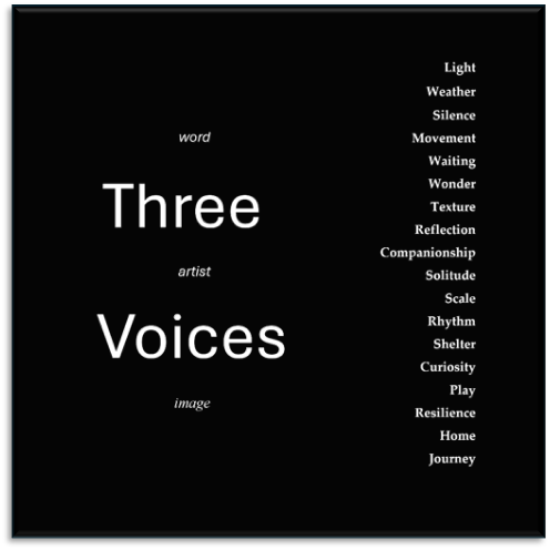 A black background with white text listing words like Light, Weather, Silence, Movement, Waiting, Wonder, Texture, Reflection, Companionship, Solitude, Scale, Rhythm, Shelter, Curiosity, Play, Resilience, Home, Journey, and the phrases 'Three Voices' in large text, and smaller words 'word', 'artist', 'image'.