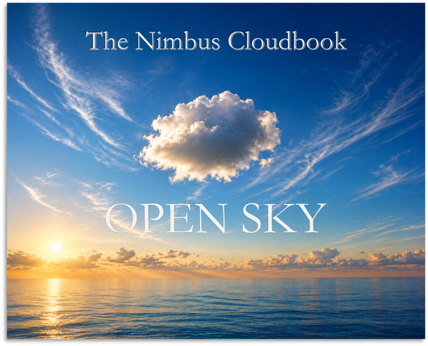A blue sky with clouds over the ocean at sunset, with the text 'The Nimbus Cloudbook' and 'Open Sky'.