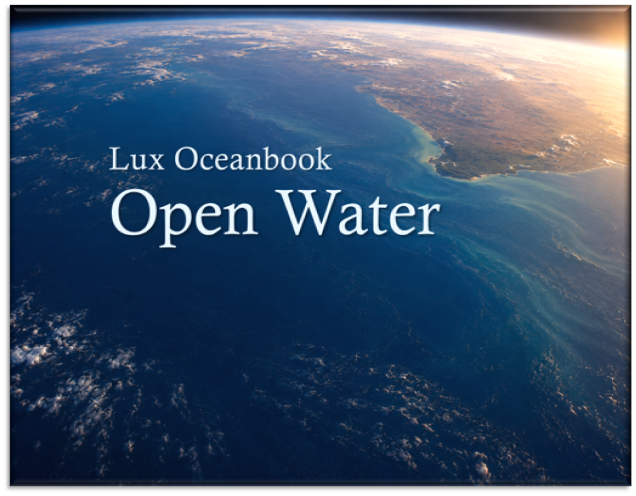 View of Earth from space showing ocean, land, and atmosphere, with text 'Lux Oceanbook Open Water' overlaid.