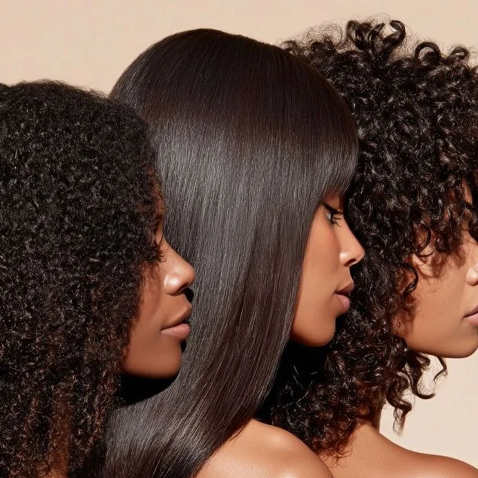 Three women with different curly hair textures and a woman with straight hair, all in profile view.