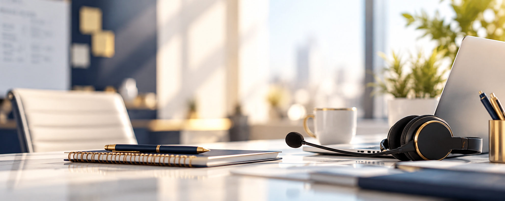 Real estate ISA workspace with headset for cold calling and lead follow-up