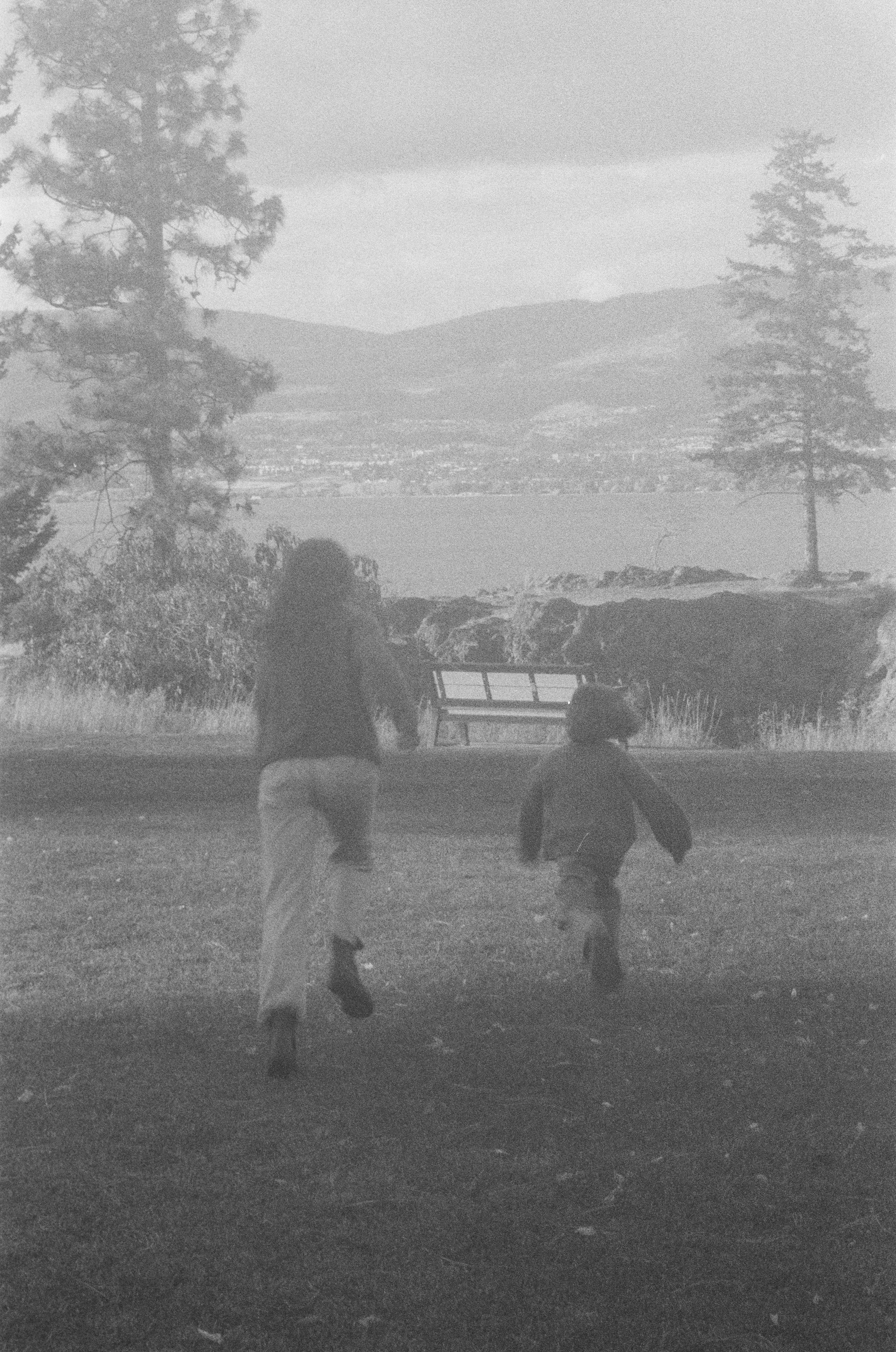 Two children running in a park with trees, a bench, and a body of water in the background.