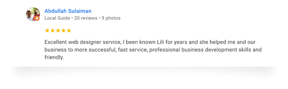 A screenshot of a positive online review from Abdulllah Sulaiman, a local guide with 20 reviews and 9 photos, praising a web designer named Lili for her professional and friendly service.