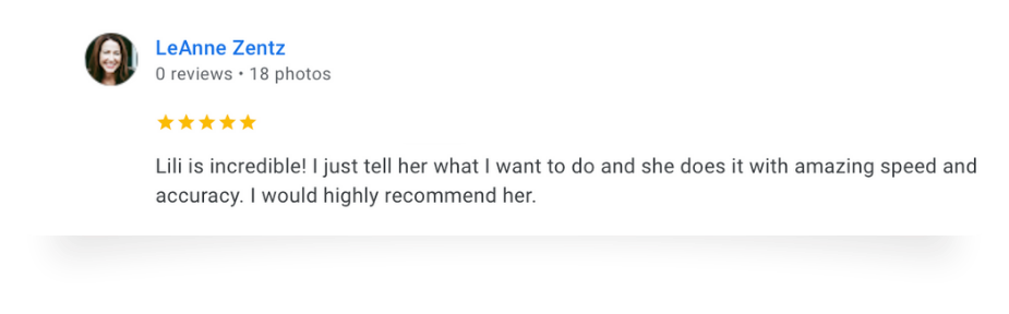 Screenshot of a Facebook review by LeAnne Zentz praising Lili for her speed and accuracy in doing tasks, with a five-star rating.