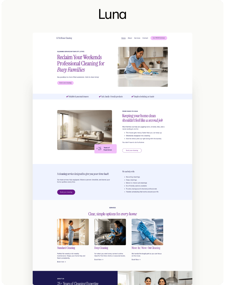 A cleaning service website homepage titled 'Luna', featuring images of woman cleaning a kitchen, a bright living room, and icons for cleaning services such as standard, deep, and move-in/move-out cleaning.