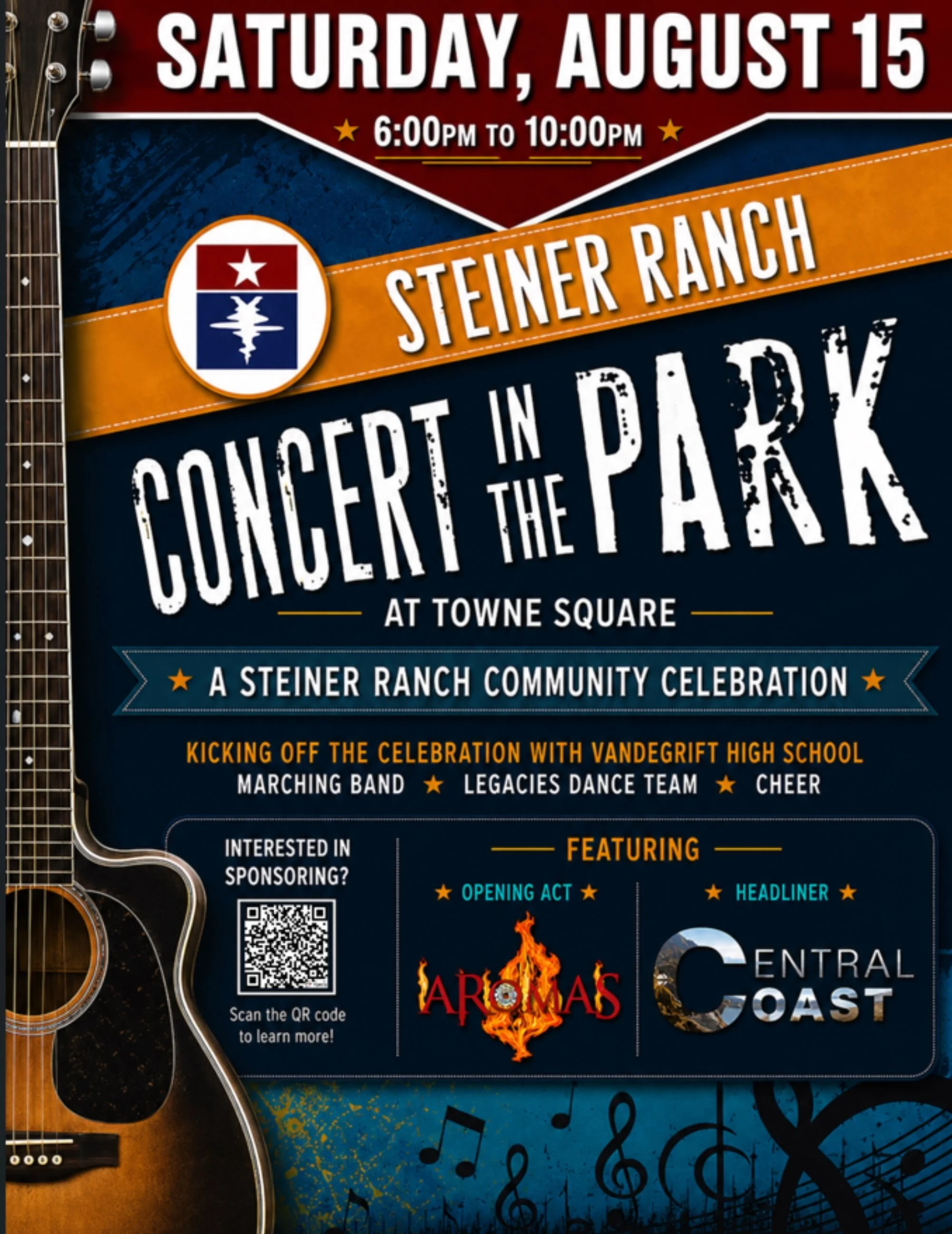 🎶 Join us at Steiner Ranch Concert in the Park this Saturday, August 15, from 6:00&ndash;10:00 PM at Towne Square!

Be sure to stop by the Vandegrift Theatre Department booth for:
🍭 Fresh cotton candy
🎨 Face painting
🍿 Popcorn
✨ And more fun for 