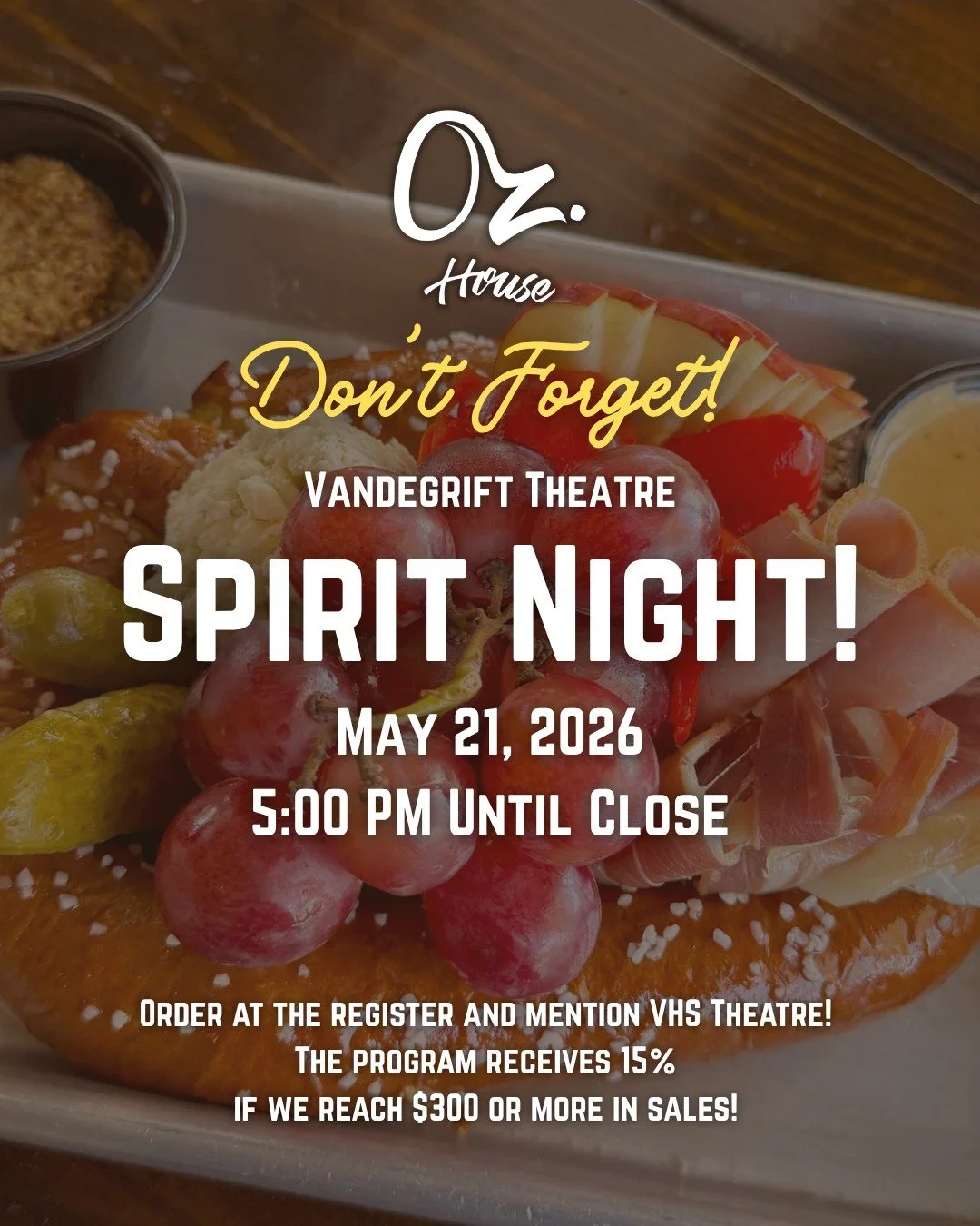 Tomorrow! 🎭🍽️
Vandegrift Theatre Spirit Night at Oz House is THIS THURSDAY, May 21 starting at 5 PM!
Order at the register, mention VHS Theatre, and help us hit $300 in sales to earn 15% back for the program. Every bowl, every plate, every order he