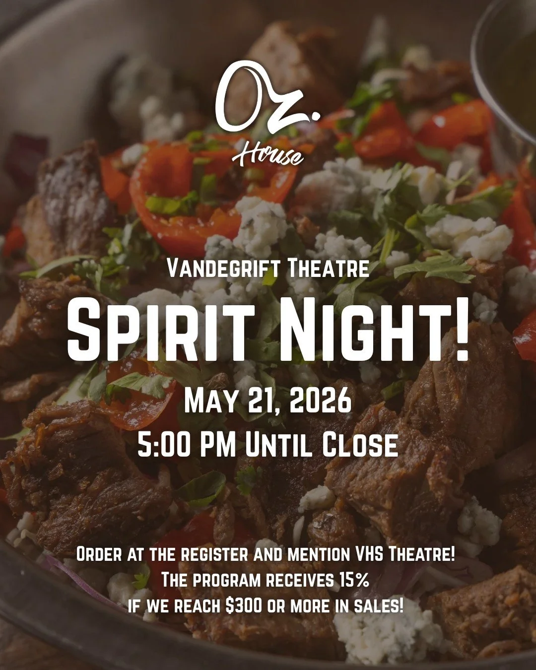 Dinner + supporting student theatre = easiest decision you'll make all week. 🍽️🎭
Come out to Oz House for Vandegrift Theatre Spirit Night!
📅 Thursday, May 21, 2026
⏰ 5:00 PM until close
📍 10601 Ranch Rd 2222, Suite H, Austin, TX
Just order at the