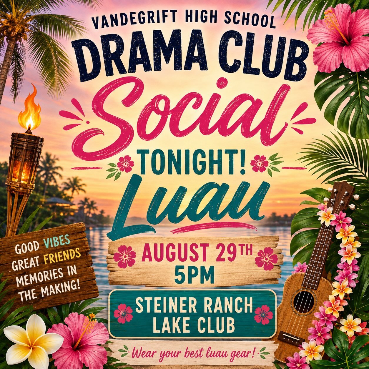 🌺🌴 ALOHA, DRAMA CLUB! 🌴🌺

It&rsquo;s time to kick off the year with some sun, fun, and tropical vibes! ☀️🌺

Join the Vandegrift High School Drama Club tonight for our Luau Social! 🌴🩴

📅 August 29th
⏰ 5:00 PM
📍 Steiner Ranch Lake Club

Come r