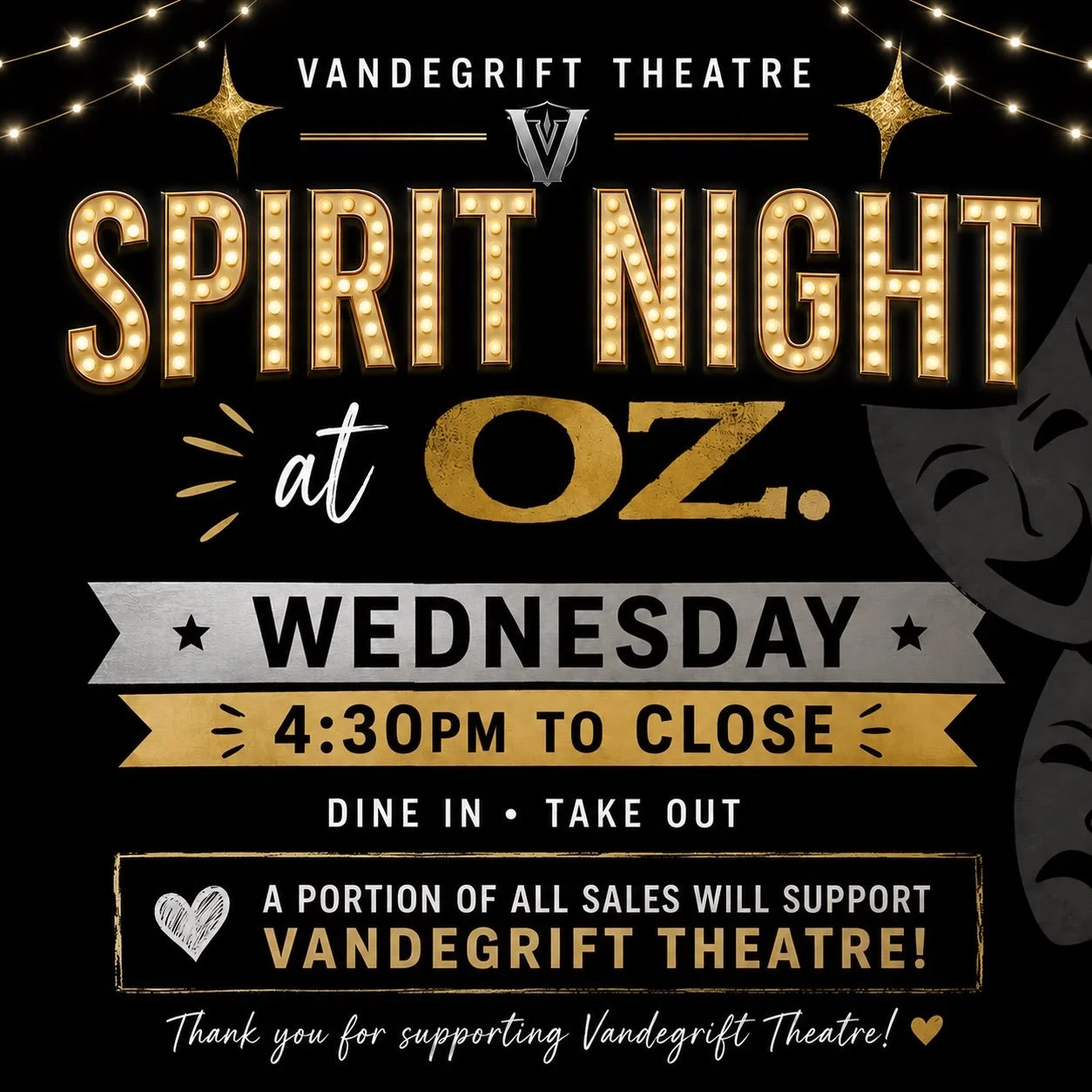 🎭✨ SPIRIT NIGHT AT Oz.!✨🎭

Join us Wednesday from 4:30 PM to close at Oz to support Vandegrift Theatre! Dine in or take out&mdash;bring your family and friends. A portion of sales benefits our theatre students!

⭐ Tell the cashier you&rsquo;re supp