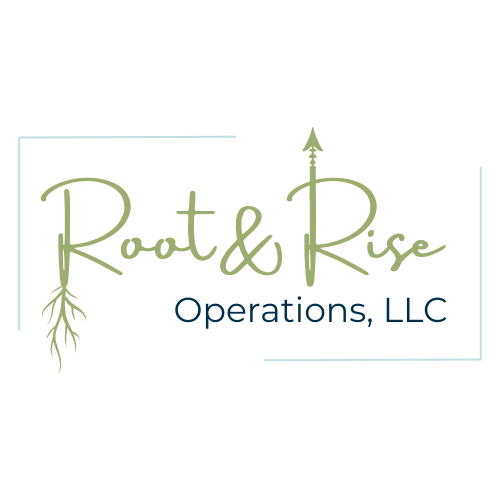 Logo for Root & Rise Operations, LLC featuring a stylized green tree and roots with the company name in green and blue text.