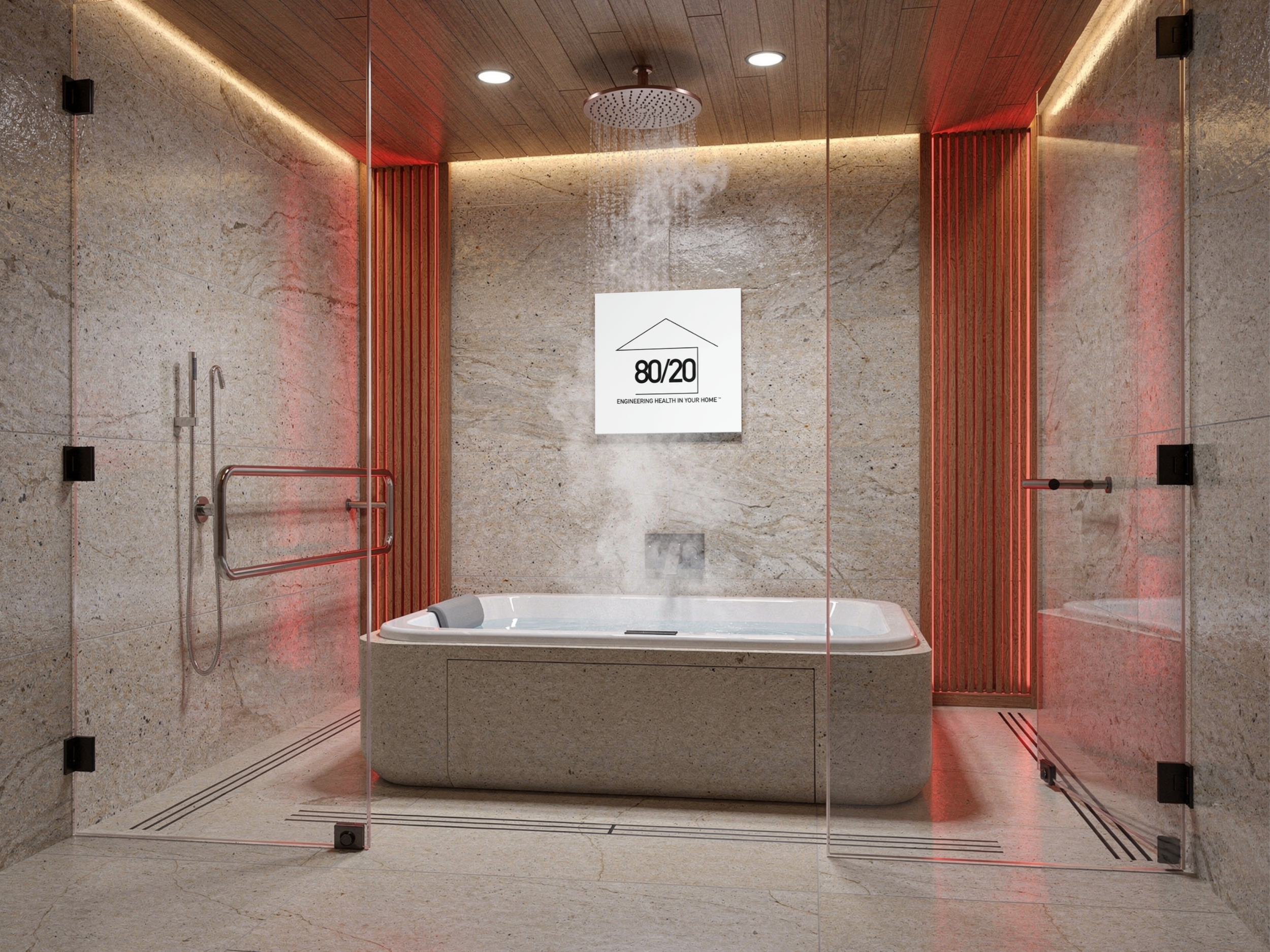 Modern steam room with stone walls, wooden ceiling, rainfall shower head, red ambient lighting, and a corner jacuzzi tub with an 80/20 Home certificate of authentication "80/20 Engineering Health in Your Home." Wellness-focused design, engineering he