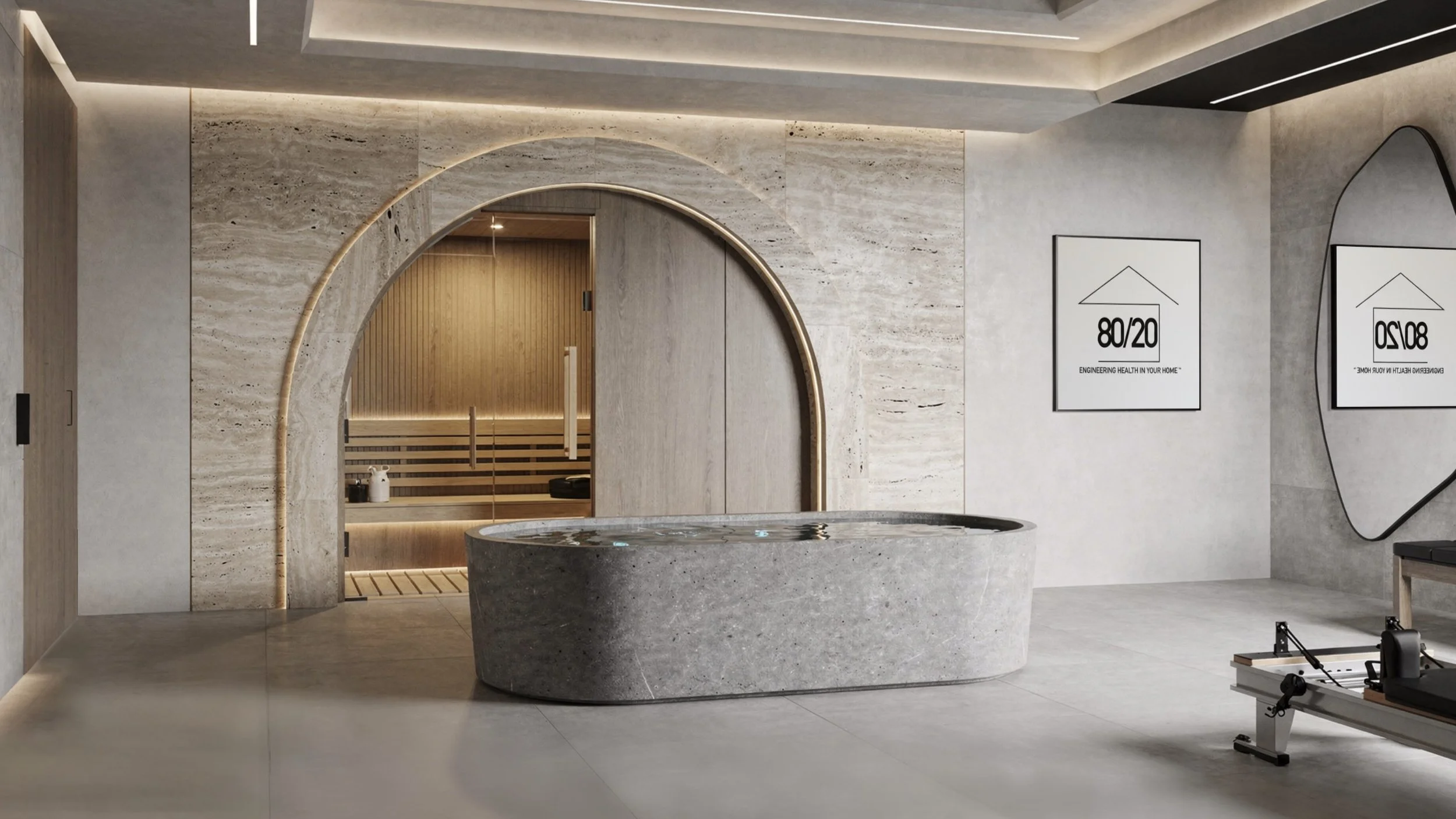 Modern interior space with a round concrete hot tub in the center, a sauna with wooden slats visible through an arched doorway, and minimalist black-framed posters on the wall, in a spa or wellness center.