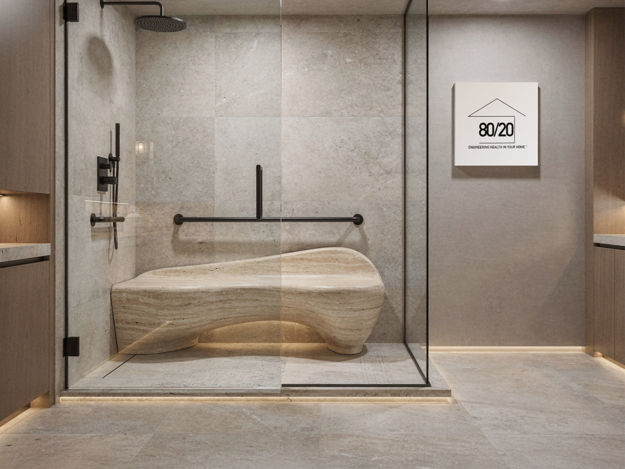 Modern bathroom shower area with beige stone tiles, a black rain showerhead, a black handheld shower, and an 80/20 Home certificate of authentication "80/20 Engineering Health in Your Home." Wellness-focused design, engineering health through design.