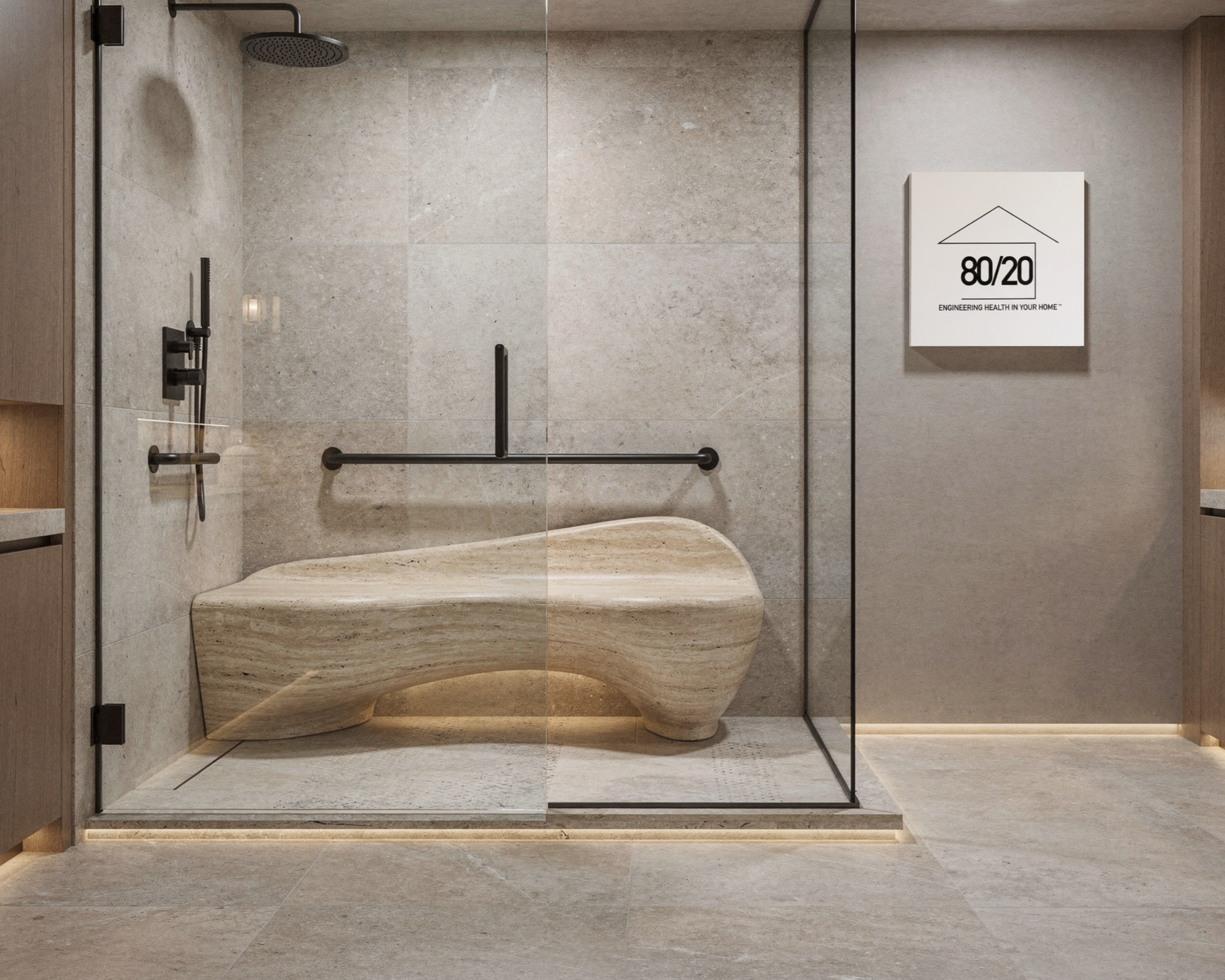 Modern bathroom with a walk-in shower enclosed by glass, featuring a circular rainfall showerhead and black fixtures, a beige stone toilet, and an 80/20 Home certificate of authentication "80/20 Engineering Health in Your Home." Wellness-focused desi