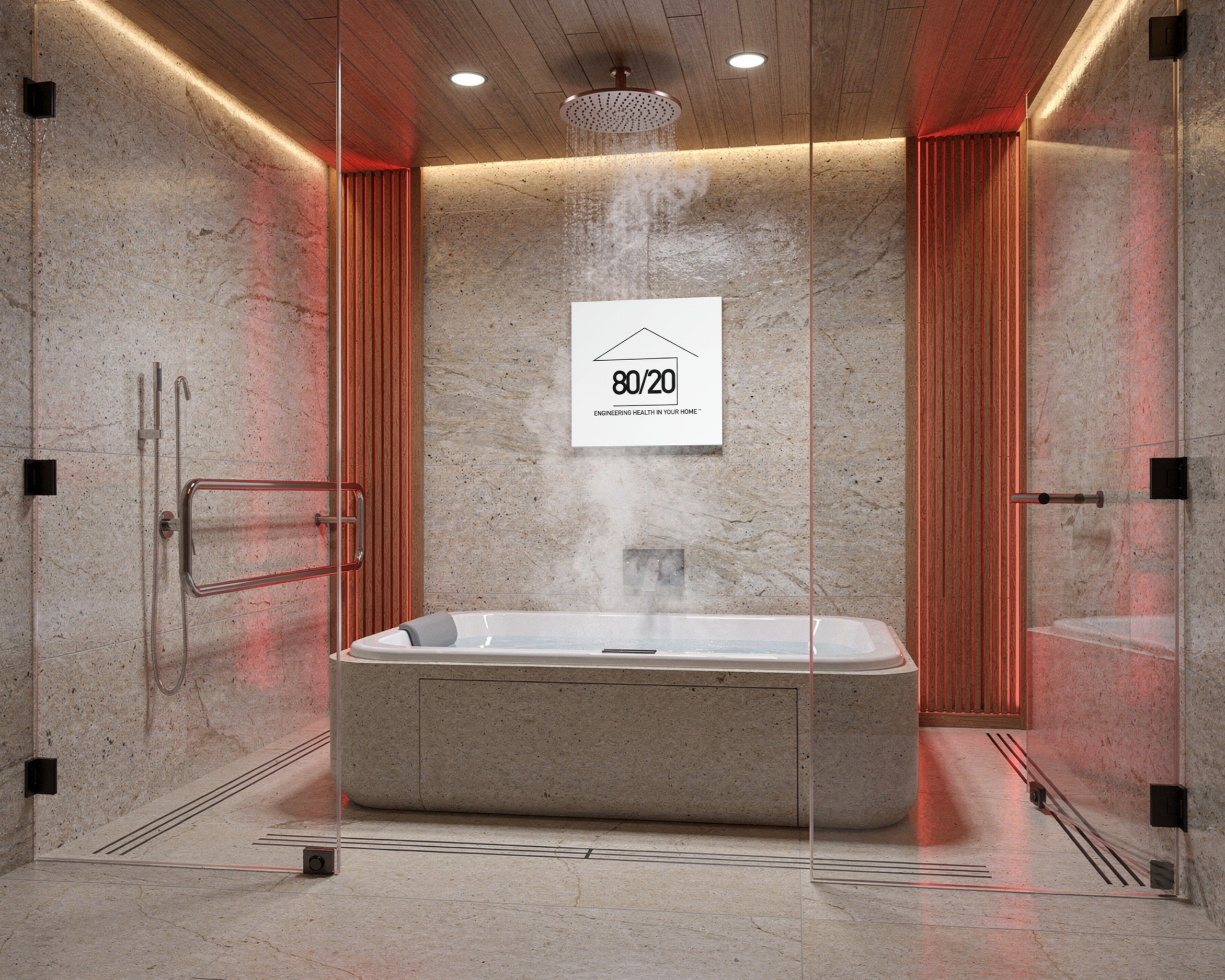 Modern bathroom with a bathtub, showerhead, glass walls, wood ceiling, red lighting, and stone walls with an 80/20 Home certificate of authentication "80/20 Engineering Health in Your Home." Wellness-focused design, engineering health through design.