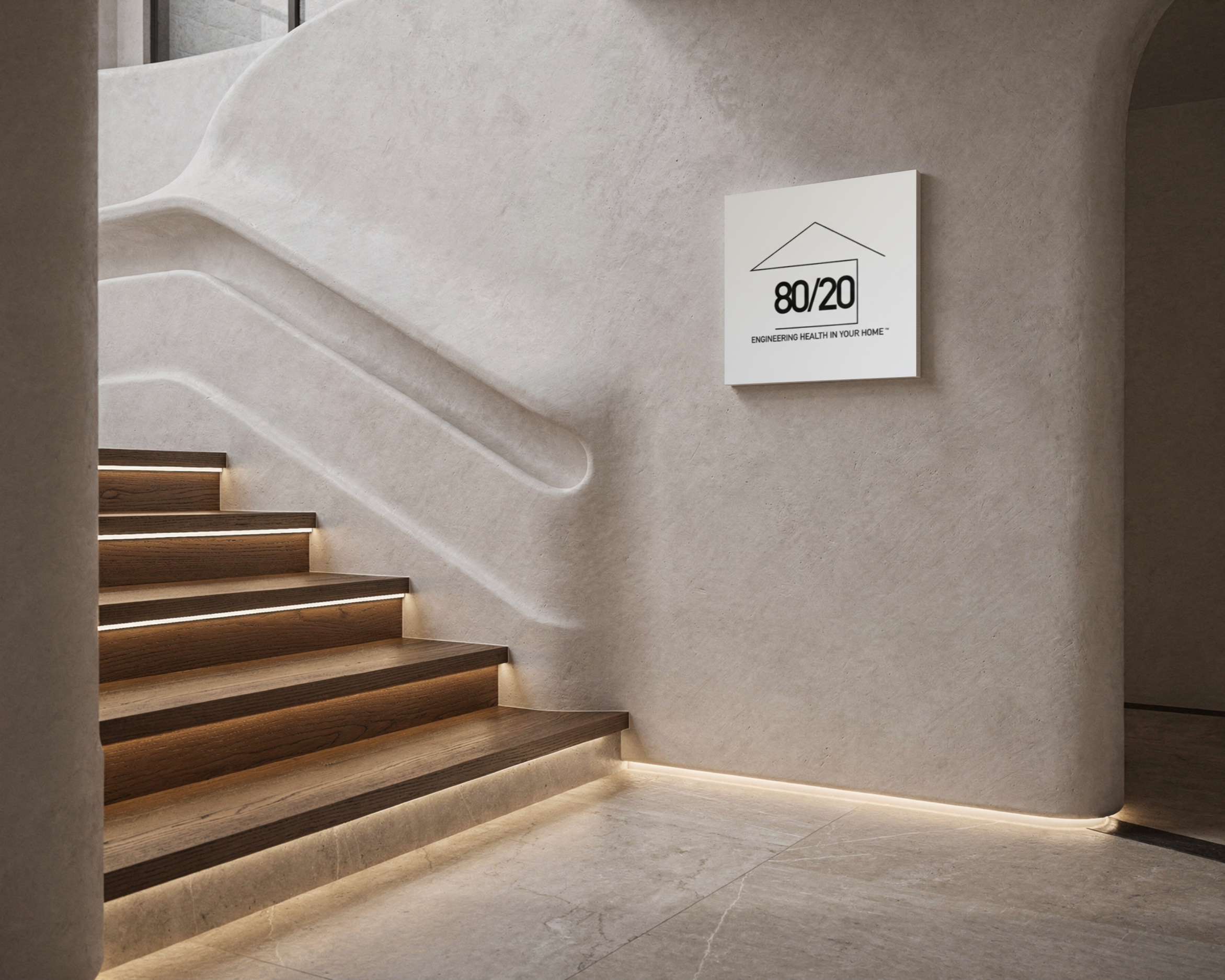 Modern indoor staircase with wooden steps and integrated lighting, adjacent to a textured light-colored wall with an 80/20 Home certificate of authentication "80/20 Engineering Health in Your Home." Wellness-focused design, engineering health through