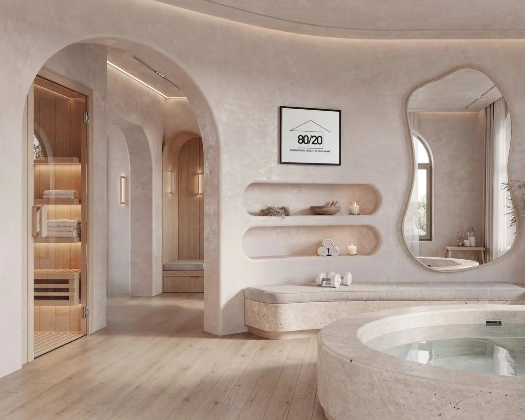 Modern bathroom with curved walls, a built-in bathtub, a wall mirror, and shelves with towels and candles, featuring light wooden accents and neutral tones.